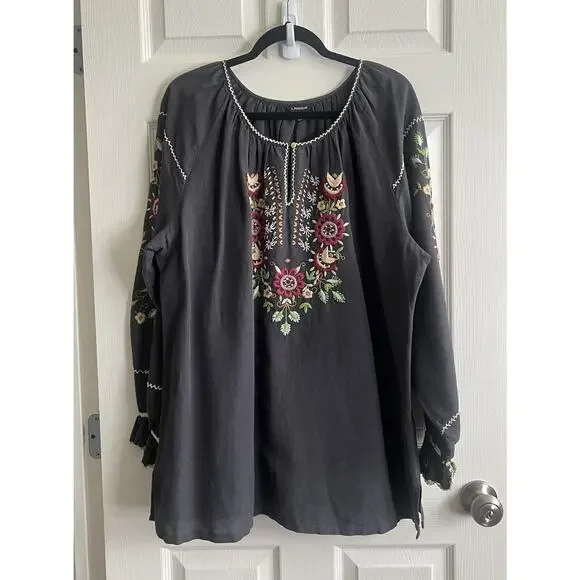 J. PETERMAN Dark Gray Floral Embroidered Bohemian Peasant Tunic Blouse Top Sz L - Picture 7 of 12